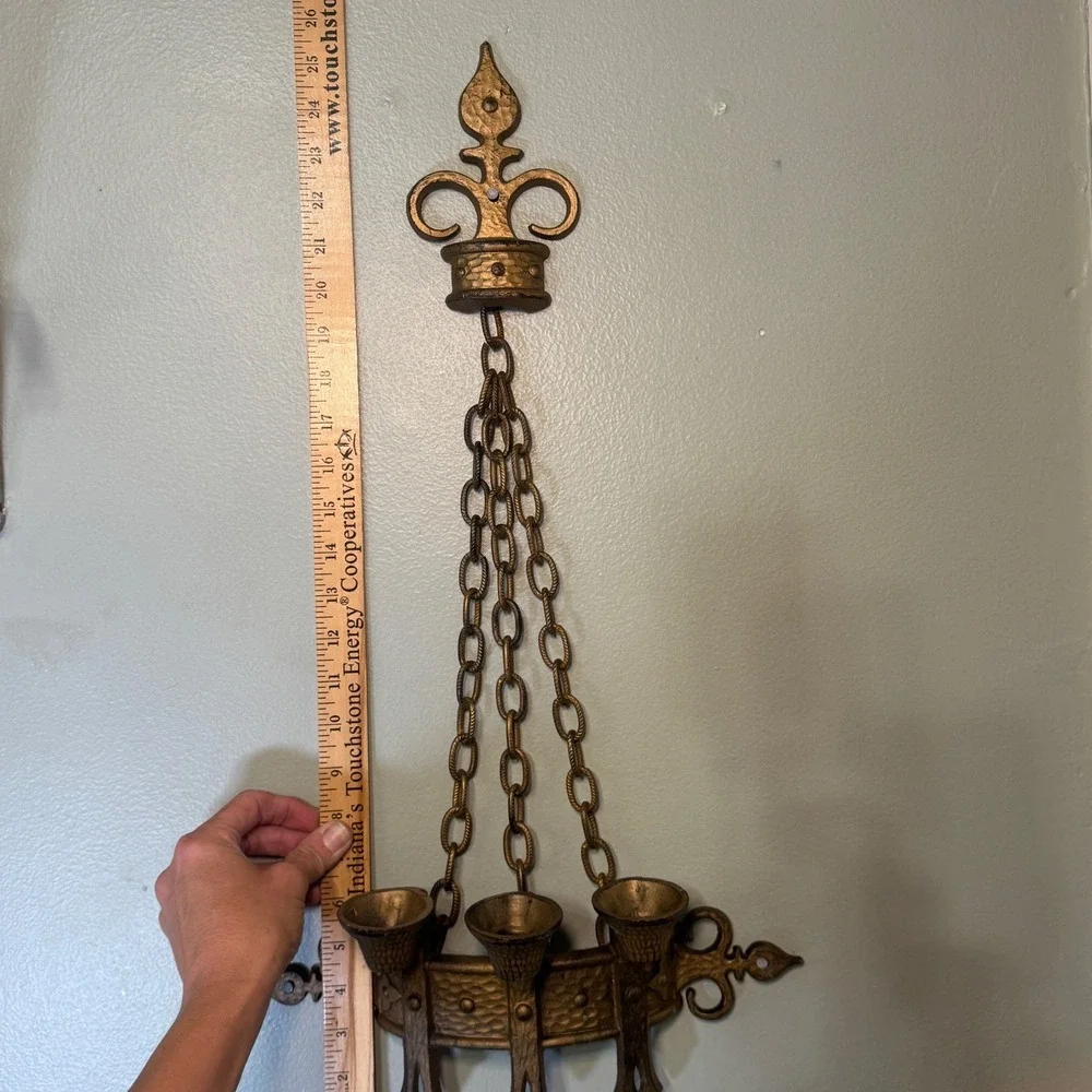Vintage Sexton 1967 USA Cast Aluminum Brutalist 3 Cup Wall Candle Holder Gold